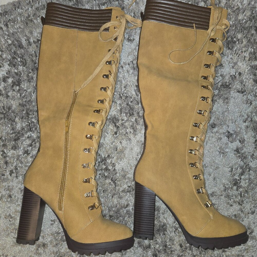 Never Been Worn Lace-Up Knee 5inch High Heel Boots - Tan